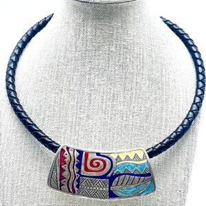 Braided Leather Choker Necklace Coil Silver Tone Pendant Multicolor Enamel SW
